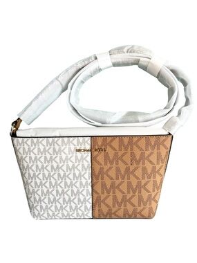 Michael Kors Two-Tone MK Logo Crossbody in White and Brown